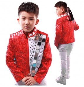 Red White mirror sequins  motor cycle rivet  patchwork boys kids children stage performance school play jazz hip hop dj singer dance costumes outfits blazers tops jacket out coat 